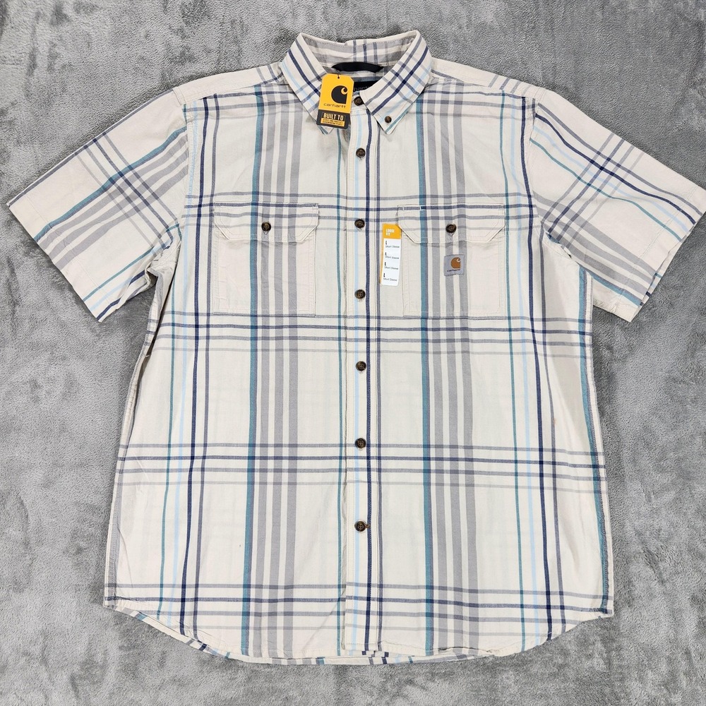Carhartt Shirt Mens Large Beige Blue Plaid‎ Short Sleeve Loose Fit Cotton 105175